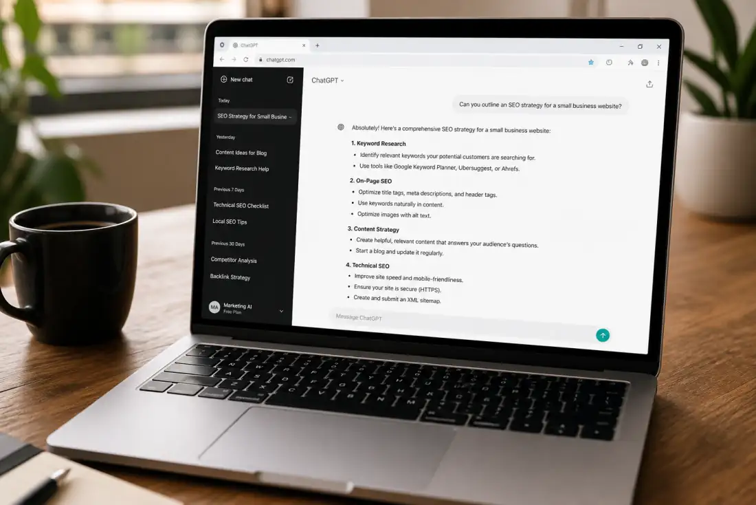 Laptop showing a ChatGPT conversation used to draft marketing content