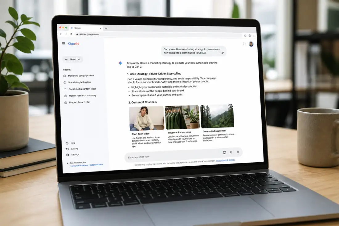 Laptop showing Google Gemini answering a marketing question