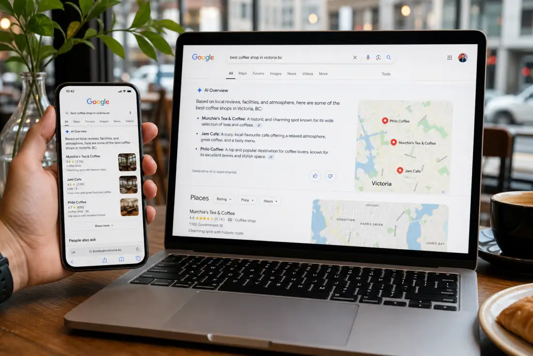 Laptop and phone showing Google Search with an AI Overview for a local business