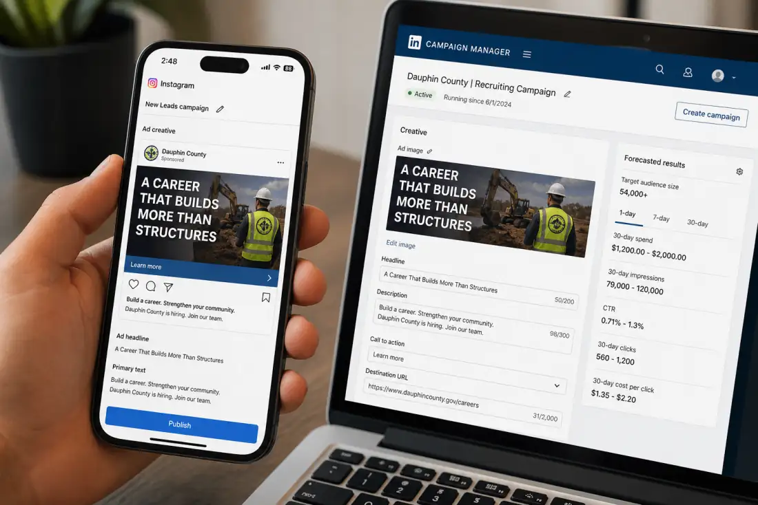 Phone and laptop showing Instagram and LinkedIn ads campaigns